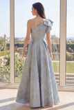 Dusty Blue A Line One Shoulder Jacquard Floral Dress with Bow