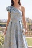 Dusty Blue A Line One Shoulder Jacquard Floral Dress with Bow