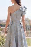 Dusty Blue A Line One Shoulder Jacquard Floral Dress with Bow