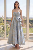 Dusty Blue Sweetheart Jacquard A Line Floral Dress with Bow