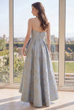 Dusty Blue Sweetheart Jacquard A Line Floral Dress with Bow