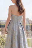 Dusty Blue Sweetheart Jacquard A Line Floral Dress with Bow