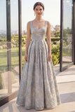 A Line Dusty Blue Wide Straps Jacquard Maxi Floral Dress