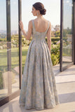 A Line Dusty Blue Wide Straps Jacquard Maxi Floral Dress