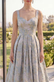 A Line Dusty Blue Wide Straps Jacquard Maxi Floral Dress