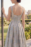 A Line Dusty Blue Wide Straps Jacquard Maxi Floral Dress