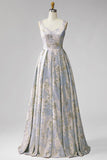 A-Line Grey Blue V-Neck Pleated Long Jacquard Dress