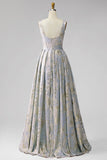 A-Line Grey Blue V-Neck Pleated Long Jacquard Dress
