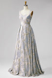 A-Line Grey Blue V-Neck Pleated Long Jacquard Dress