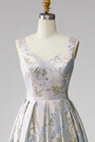 A-Line Grey Blue V-Neck Pleated Long Jacquard Dress