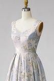 A-Line Grey Blue V-Neck Pleated Long Jacquard Dress