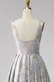 A-Line Grey Blue V-Neck Pleated Long Jacquard Dress