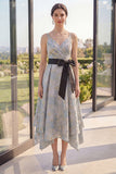 Dusty Blue Jacquard Asymmetrical V-Neck Midi Floral Dress with Bow