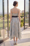 Dusty Blue Jacquard Asymmetrical V-Neck Midi Floral Dress with Bow