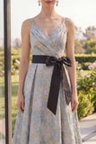 Dusty Blue Jacquard Asymmetrical V-Neck Midi Floral Dress with Bow