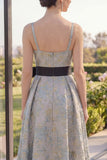 Dusty Blue Jacquard Asymmetrical V-Neck Midi Floral Dress with Bow