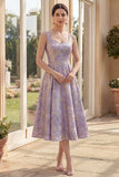 Dusty Lilac A Line Wide Straps Jacquard Midi Floral Dress