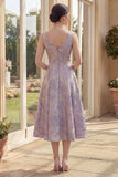 Dusty Lilac A Line Wide Straps Jacquard Midi Floral Dress