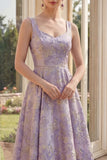Dusty Lilac A Line Wide Straps Jacquard Midi Floral Dress