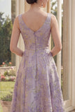 Dusty Lilac A Line Wide Straps Jacquard Midi Floral Dress