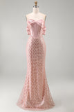 Blush Mermaid Strapless Corset Sequin Maxi Dress with Bow