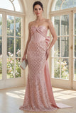 Blush Mermaid Strapless Corset Sequin Maxi Dress with Bow