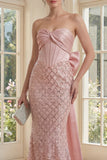 Blush Mermaid Strapless Corset Sequin Maxi Dress with Bow