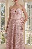Strapless Blush Corset A Line Evening Dress with Bow