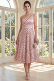 Sparkly Blush One Shoulder A Line Midi Dress with Sequins