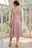 Sparkly Blush One Shoulder A Line Midi Dress with Sequins
