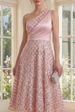 Sparkly Blush One Shoulder A Line Midi Dress with Sequins