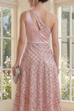 Sparkly Blush One Shoulder A Line Midi Dress with Sequins