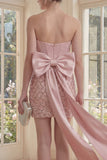 Strapless Blush Corset Ruched Bodycon Mini Dress with Bow