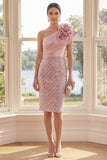Sparkly One Shoulder Blush Sheath Midi Dress