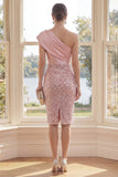 Sparkly One Shoulder Blush Sheath Midi Dress