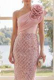 Sparkly One Shoulder Blush Sheath Midi Dress