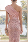 Sparkly One Shoulder Blush Sheath Midi Dress