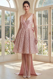 Sparkly Blush A Line V Neck Sequin Midi Dress with Large Bow