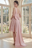 Sparkly Blush A Line V Neck Sequin Midi Dress with Large Bow