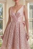 Sparkly Blush A Line V Neck Sequin Midi Dress with Large Bow