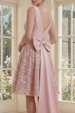 Sparkly Blush A Line V Neck Sequin Midi Dress with Large Bow