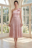 Sparkly Blush One Shoulder Sequin A Line Midi Dress with Bow