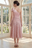 Sparkly Blush One Shoulder Sequin A Line Midi Dress with Bow
