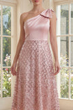 Sparkly Blush One Shoulder Sequin A Line Midi Dress with Bow