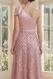 Sparkly Blush One Shoulder Sequin A Line Midi Dress with Bow