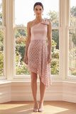 One Shoulder Blush Sequins Bowed A Line Midi Dress