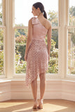 One Shoulder Blush Sequins Bowed A Line Midi Dress