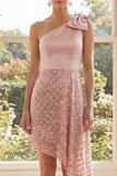 One Shoulder Blush Sequins Bowed A Line Midi Dress