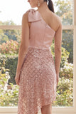 One Shoulder Blush Sequins Bowed A Line Midi Dress
