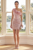 One Shoulder Blush Sequins Bodycon Mini Dress with 3D Flower